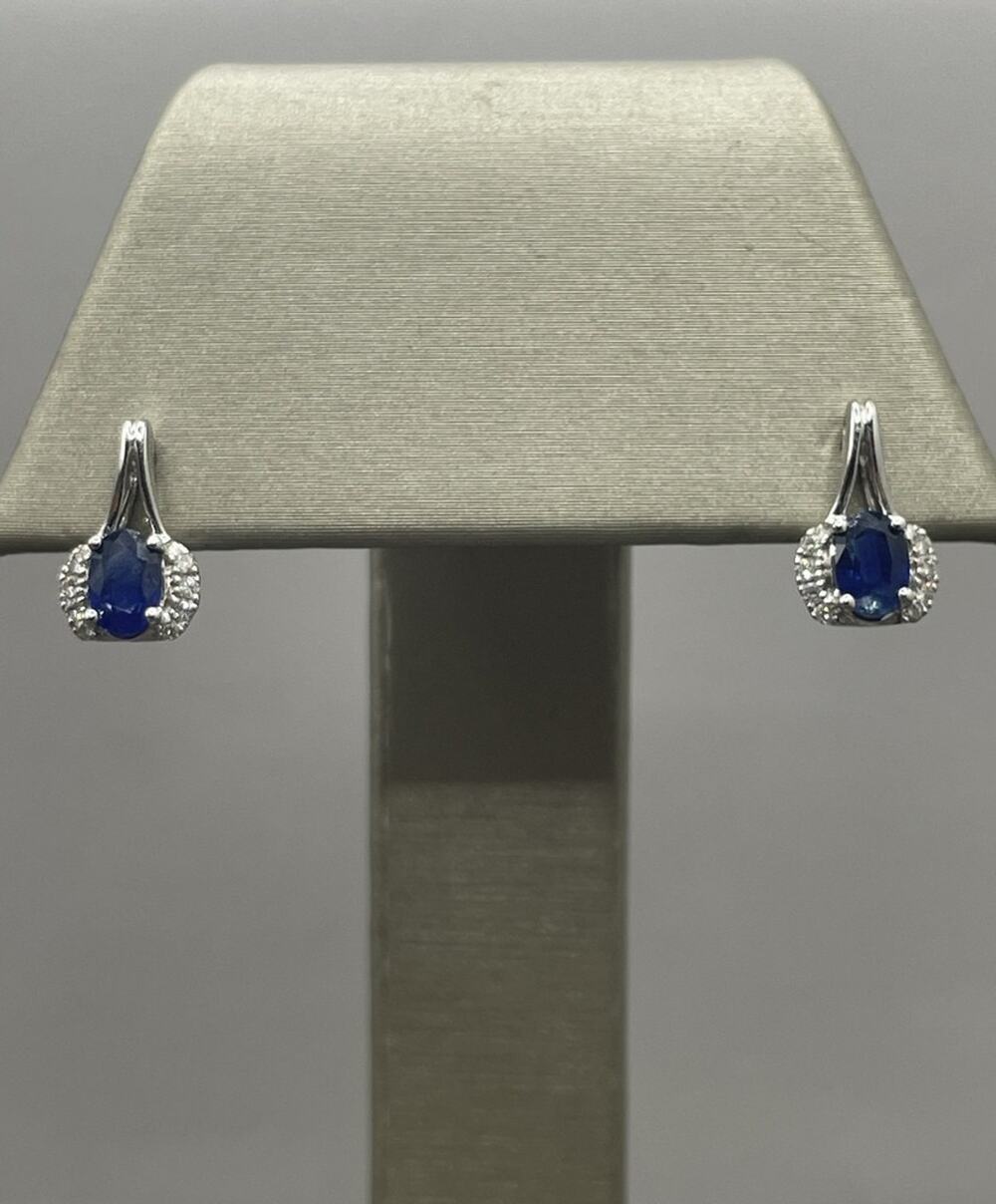 14K White Gold Earrings W/Oval Blue Stones & Diamond Accents (22204)